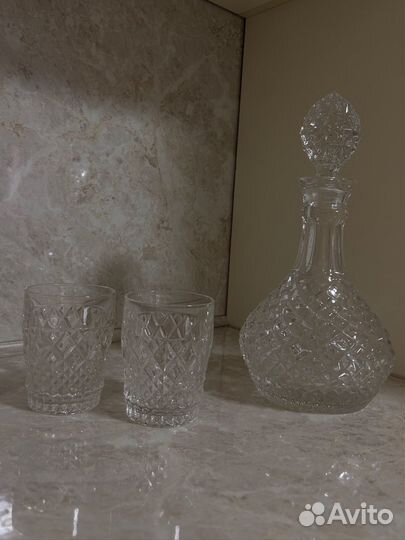 Хрустальный графин с крышкой и 2 стакана СССР