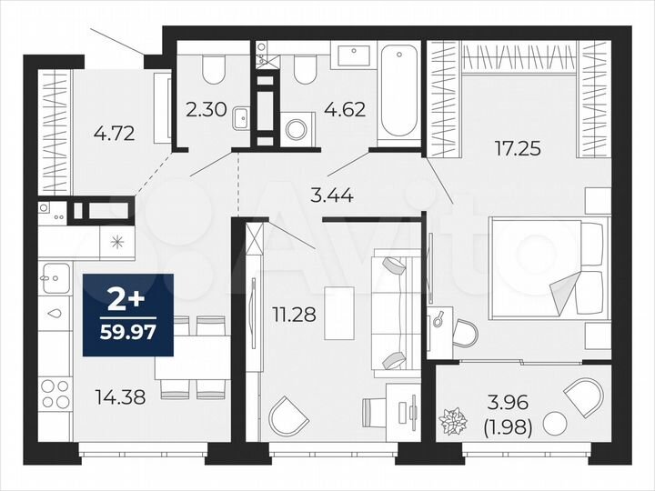 2-к. квартира, 60 м², 6/21 эт.