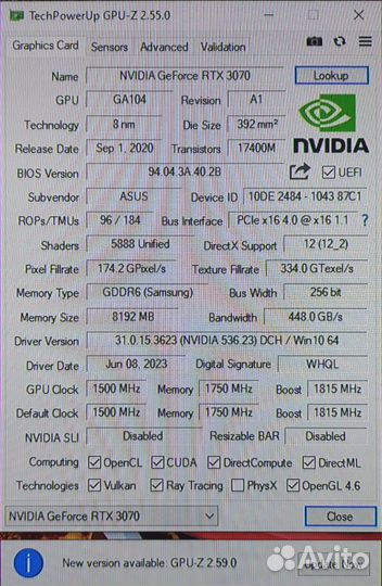 Видеокарта asus tuf rtx3070-08g-gaming