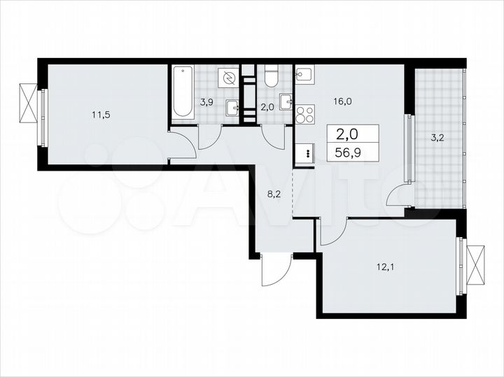 2-к. квартира, 56,9 м², 3/11 эт.