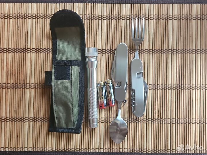 Туристический набор вилка, ложка, нож, фонарик