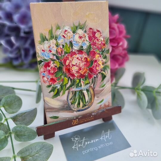 Пионы картина маслом натюрморт с цветами 10х15