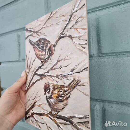 Воробьи картина маслом птичка воробей миниатюра