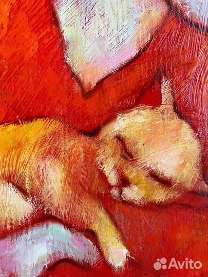 Картина маслом девушка кот оригинальная в интерьер