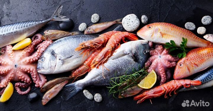 Красная икра, рыба, раки, морепродукты