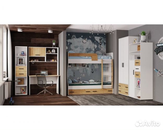 Кровать двухъярусная Лючия дуб крафт золотой / бел