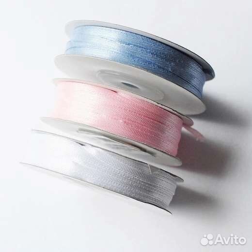 Лента атласная розовая/голубая 0,3см в катушке 50м