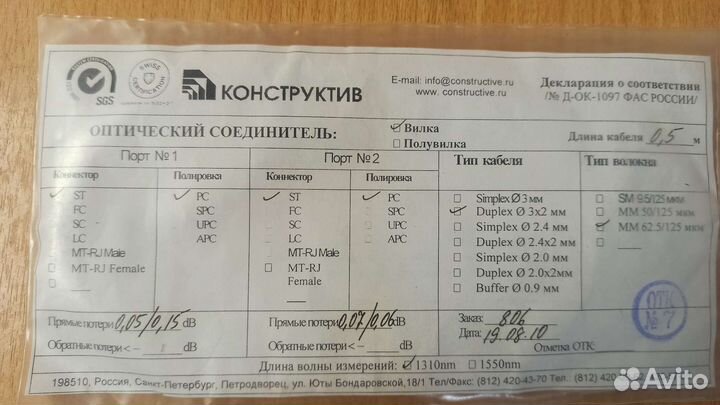 Патч-корд оптический многомод 62.5/125