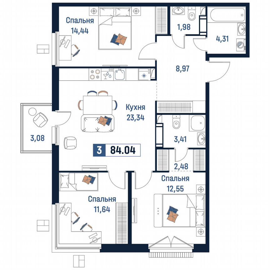 3-к. квартира, 84 м², 14/18 эт.