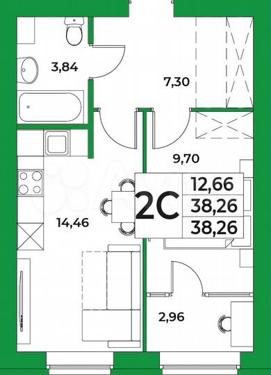 1-к. квартира, 38,3 м², 3/9 эт.