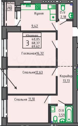 3-к. квартира, 70 м², 3/6 эт.