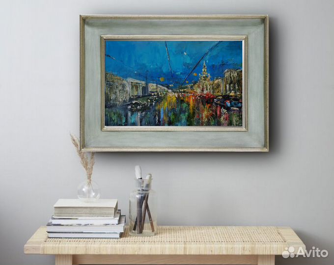Картина маслом с городским пейзажем.Москва вечерня