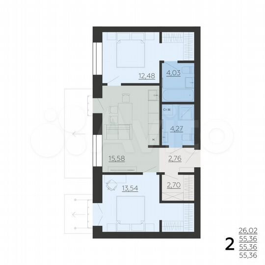 2-к. квартира, 55,4 м², 2/6 эт.