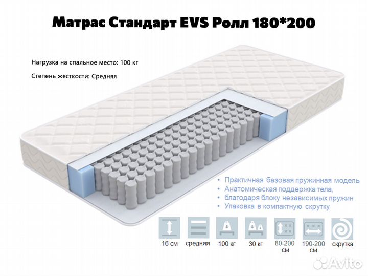 Матрас 180 на 200 анатомический Стандарт EVS Ролл