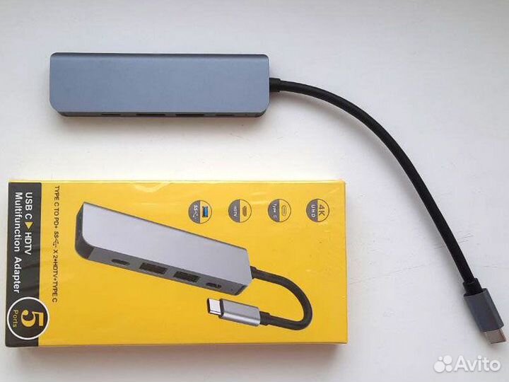 Хаб 5в1 Type-C 2xUSB 3.0 1xType-c 1xPD 1xhdmi