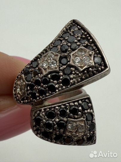 Кольцо серебро 925 звезды чёрный агат/фианит