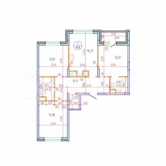 3-к. квартира, 84,6 м², 8/17 эт.