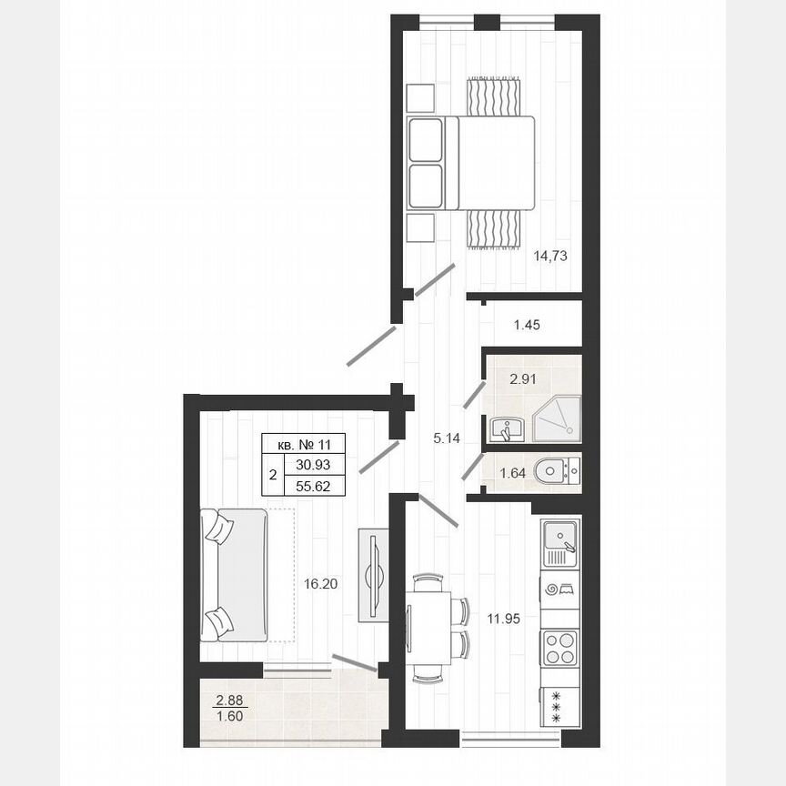 2-к. квартира, 55,7 м², 4/4 эт.