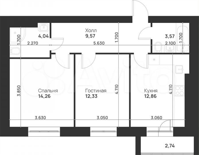 2-к. квартира, 59,6 м², 1/5 эт.