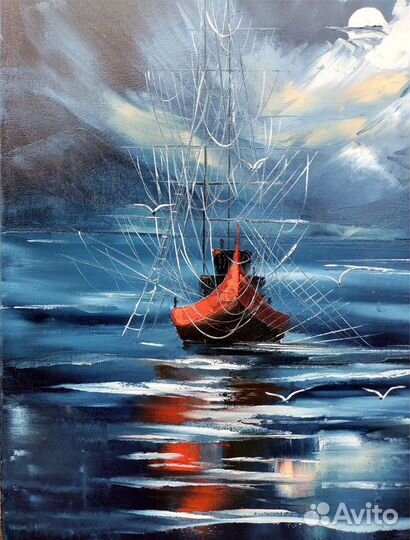 Картина Маслом Парусник, Морской Пейзаж. 40 на 50