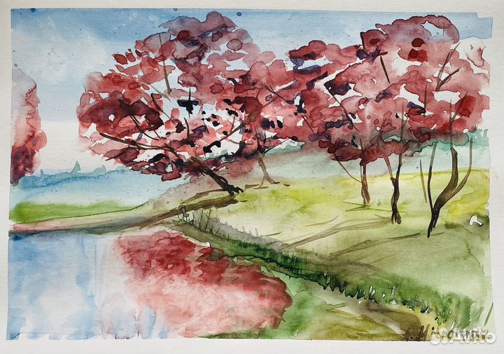 Картина пейзаж сакура акварель 30*21см
