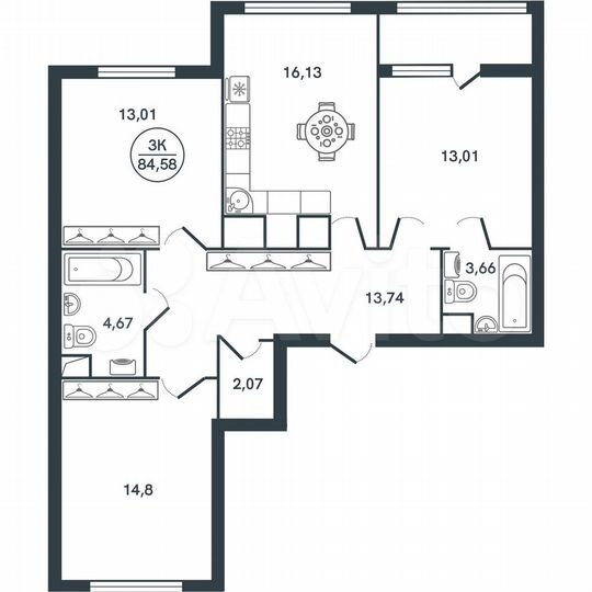 3-к. квартира, 84,6 м², 3/17 эт.