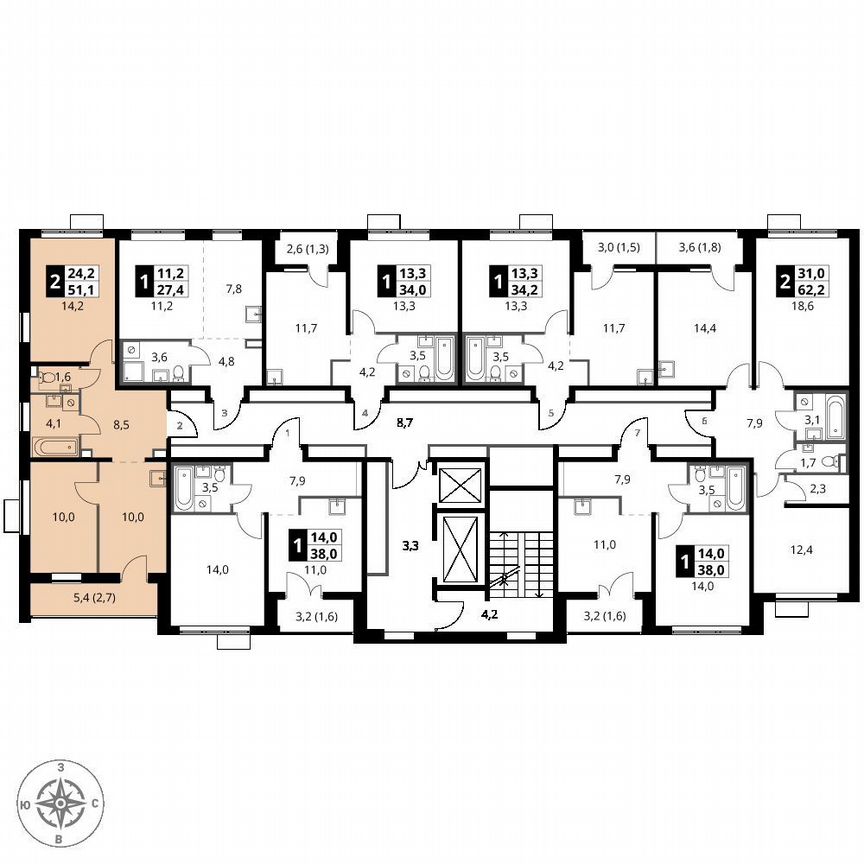 2-к. квартира, 51,1 м², 22/25 эт.