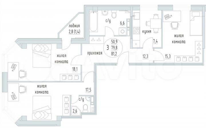 3-к. квартира, 81,2 м², 7/10 эт.