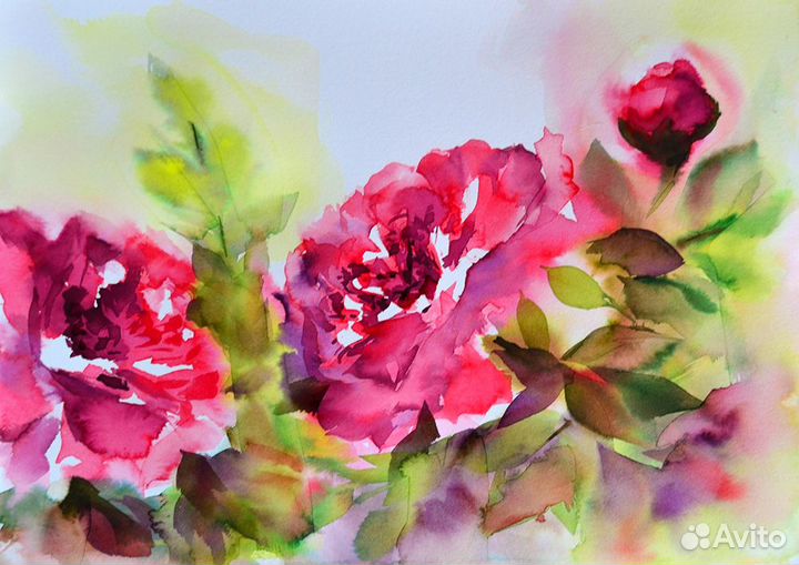 Картина акварелью цветы средний размер