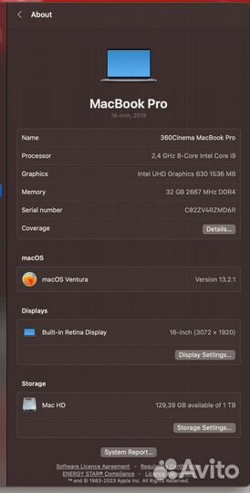 Macbook Pro 16 i9 32gb 1tb