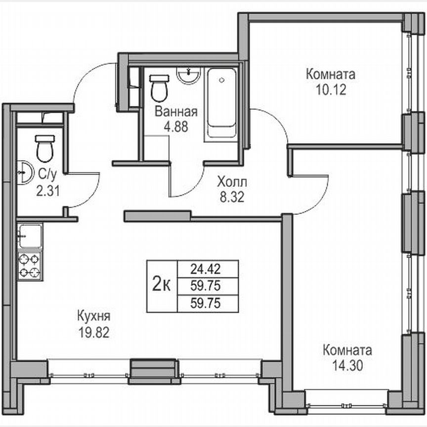 2-к. квартира, 59,8 м², 1/23 эт.