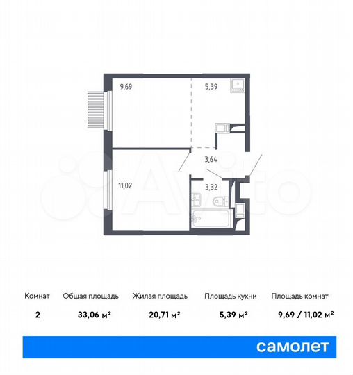 2-к. квартира, 33,1 м², 12/14 эт.