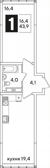 1-к. квартира, 43,9 м², 15/16 эт.