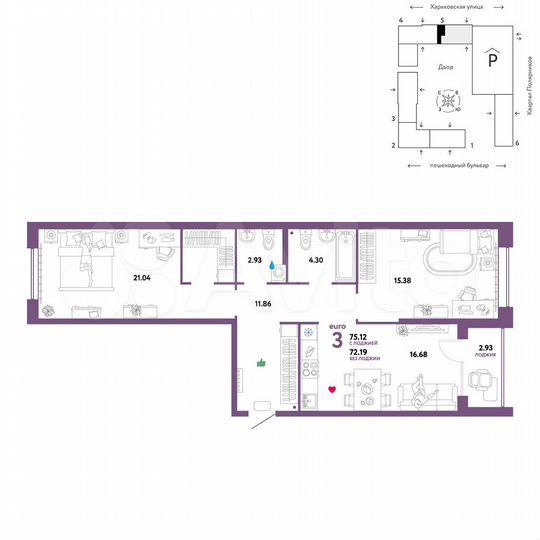 3-к. квартира, 75,1 м², 5/25 эт.