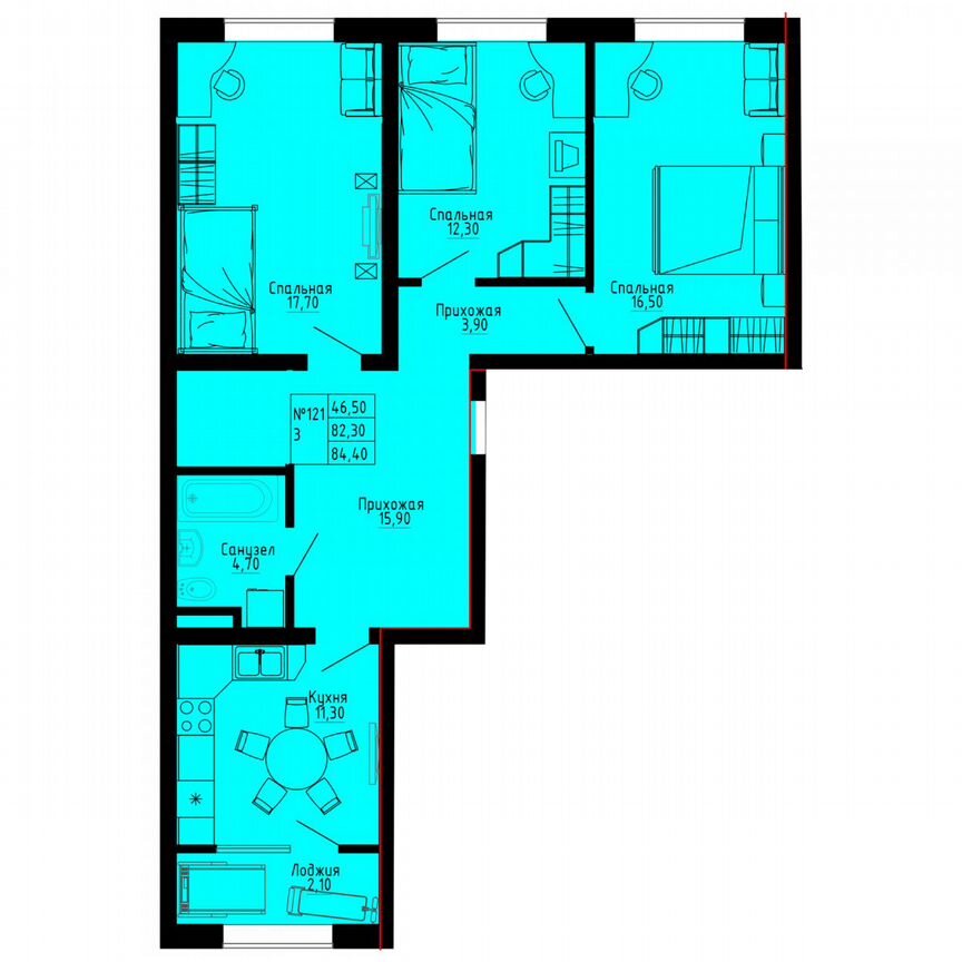 3-к. квартира, 84,4 м², 2/8 эт.