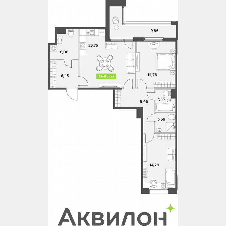 2-к. квартира, 85,6 м², 2/12 эт.