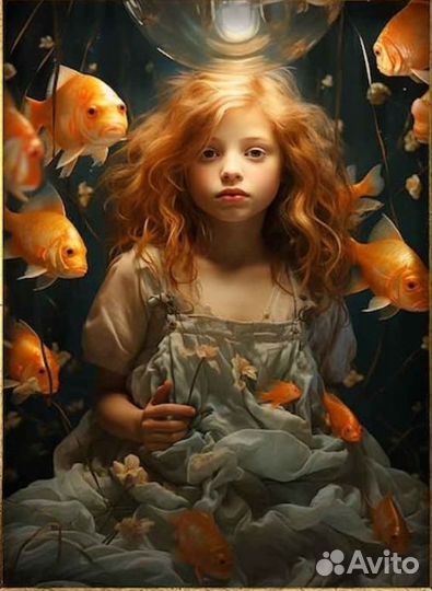 Большая картина маслом девочка с рыбками Примерка