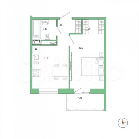 1-к. квартира, 37,5 м², 2/7 эт.
