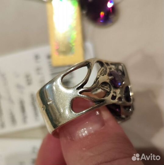 Серебряный комплект аметист кольцо серьги новые