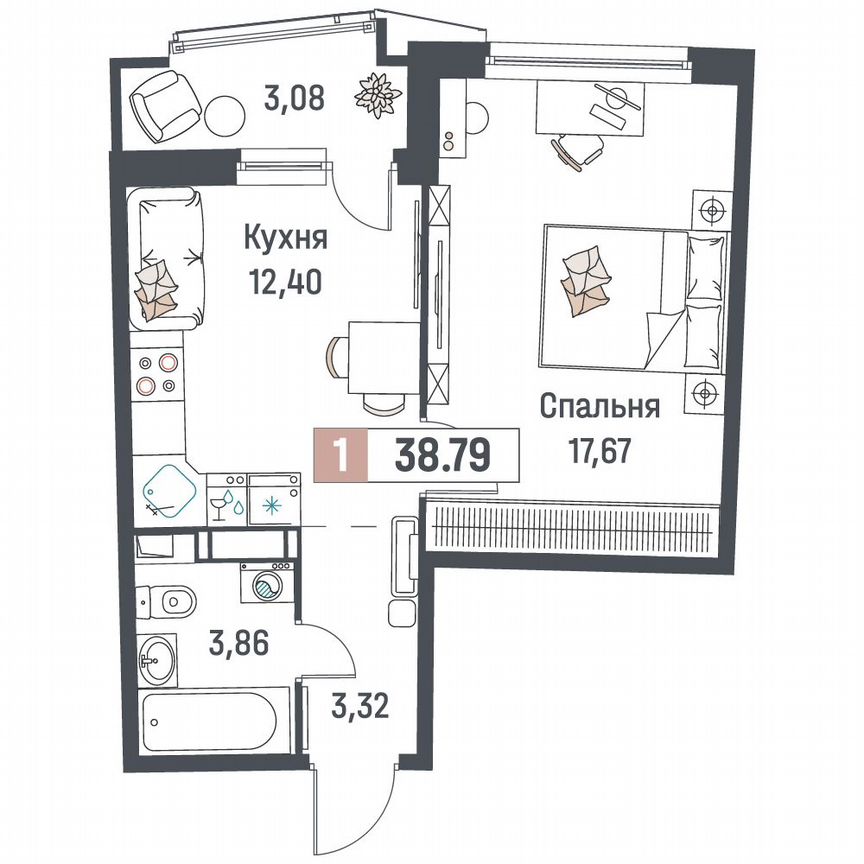 1-к. квартира, 38,8 м², 5/18 эт.