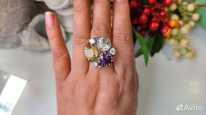 Кольцо хрусталь/цитрин/аметист 22ct 18р-р 925