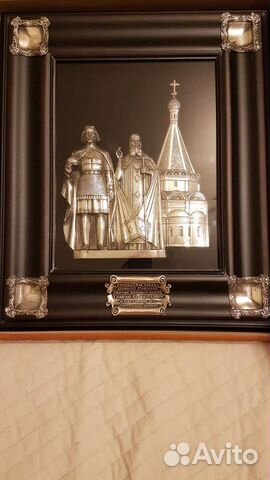 Панно из дерева и драгметалла Георгий и Симон