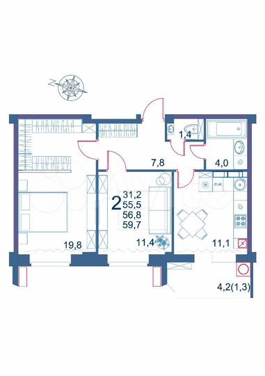 2-к. квартира, 59,7 м², 8/9 эт.