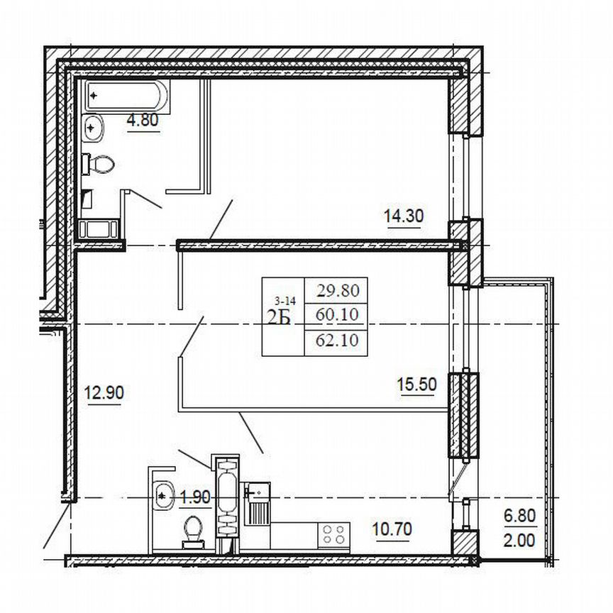 2-к. квартира, 62,1 м², 8/19 эт.