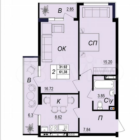 2-к. квартира, 61,4 м², 3/10 эт.