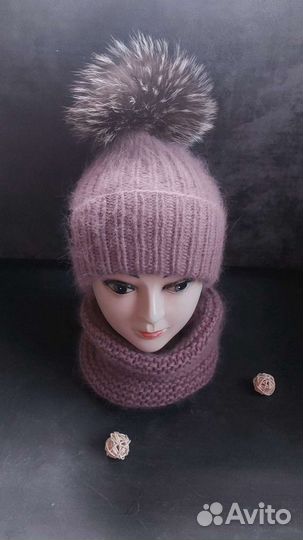 Шапка, снуд, ручная работа. Пух норки