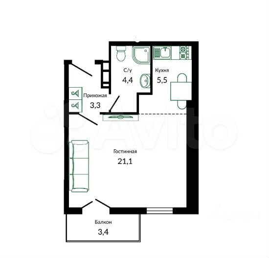 Квартира-студия, 34,3 м², 11/12 эт.