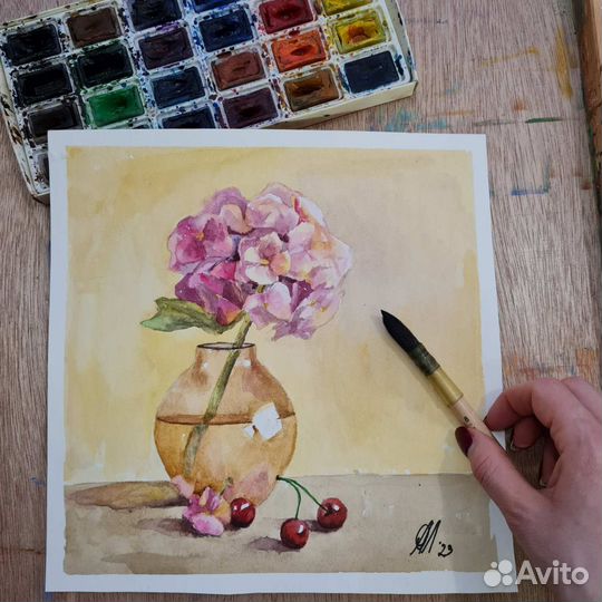 Картина, цветы в вазе и вишня, акварель