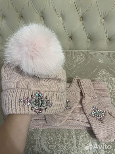 Комплект шапка+шарф+варежки(нежно розовый)