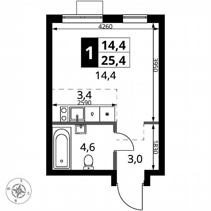 Квартира-студия, 25,4 м², 5/16 эт.